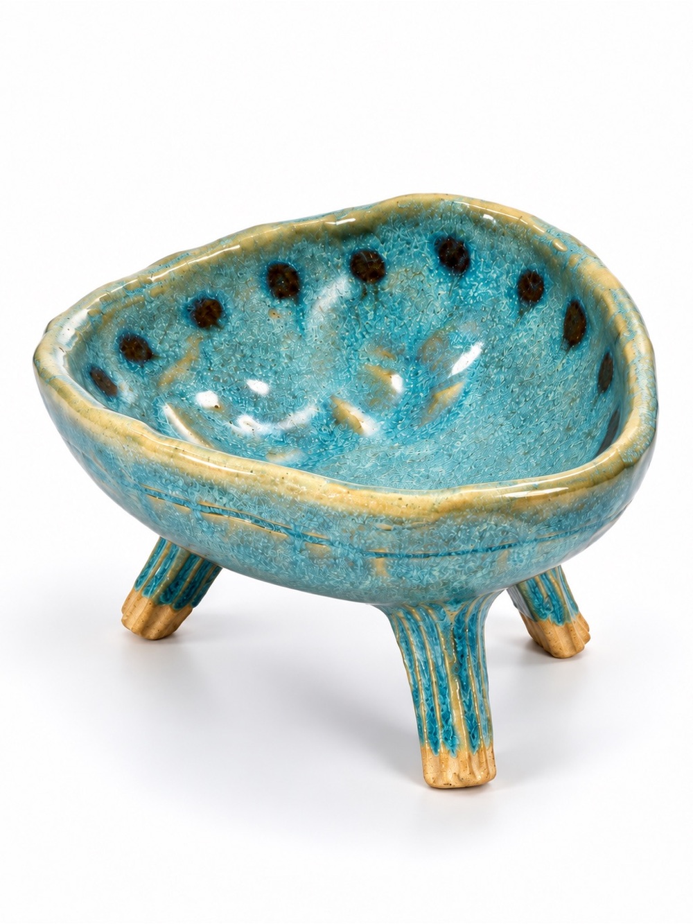 Handcrafted Turquoise Ceramic Tripod Bowl